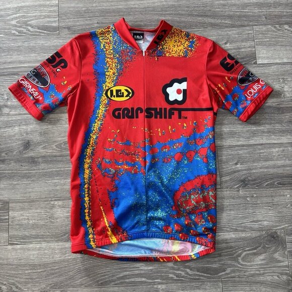 VTG Louis Garneau Cycling Shirt Road Mountain jersey Mens L Red Blue Bike Pocket - Picture 1 of 13